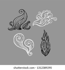 Illustration with four abstract nature elements. Fire, air, smoke. Isolated drawn signs. 