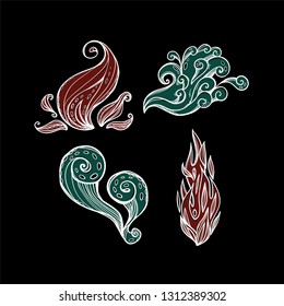 Illustration with four abstract nature elements. Fire, air, smoke. Isolated drawn signs. 