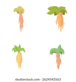 Illustration of four adorable ginseng root characters with green leaves on a white background