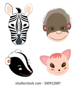 Illustration of four animal head, there are zebra, monkey, skunk, and cat.