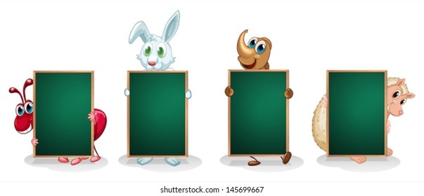 Illustration of the four animals with empty green signboards on a white background