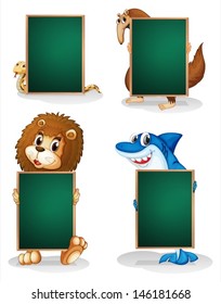 Illustration of the four animals holding an empty board on a white background 