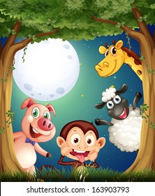 Illustration of the four animals playing at the forest under the bright full moon