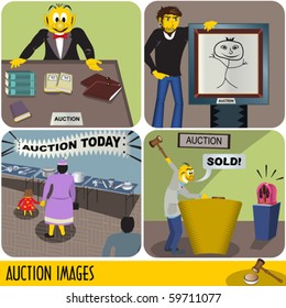 Illustration of four auction images in  cartoon style. Part 1