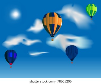 illustration with four balloons in blue sky