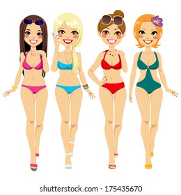 Illustration of four beautiful fashion girls walking in bikini