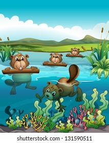 Illustration of the four beavers playing in the river