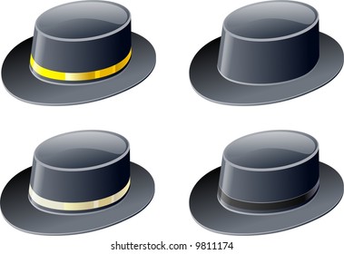 Illustration of four black hats with different colored decorative bands.