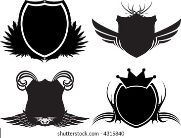 Illustration of four blank shields ready for you to color and to add your own logo