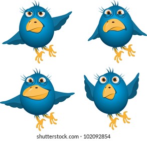 illustration of four blue birds with different emotions