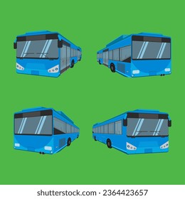 An illustration of four blue buses in different positions on a green background