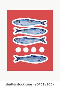 Illustration of four blue fish with white dots on a red background. Naive art, poster, vector