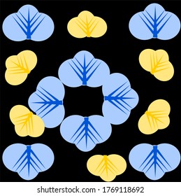 
illustration of four blue leaves forming a flower with a black background while the other four blue leaves are in the corner of a rectangular corner and four yellow leaves in the middle of the center