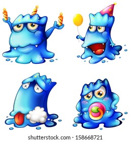 Illustration of the four blue monsters on a white background