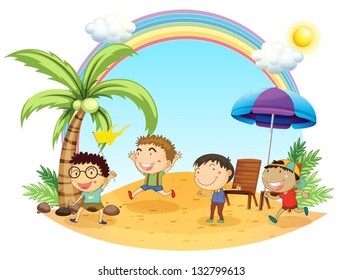 Illustration of the four boys having an outing at the beach on a white background