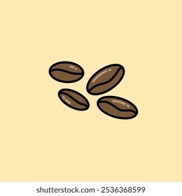 Ilustración de cuatro granos de café marrón con un brillo brillante sobre un fondo beige claro.