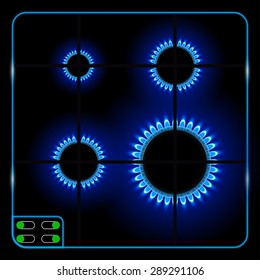 illustration of four burner rings with menu on dark background with flame