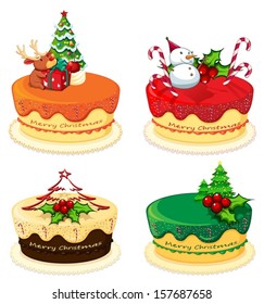 Illustration of the four cake designs for christmas on a white background