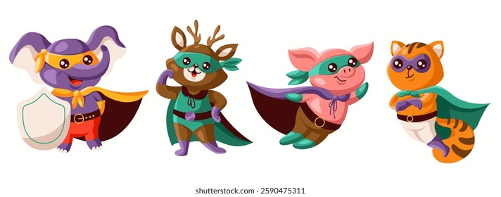 Illustration of four cartoon animals as superheroes wearing capes and masks. An elephant, a deer, a pig, and a cat display heroic poses with unique costumes and colors.