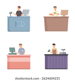 Illustration of four cartoon cashiers with computers and cash registers at various counters