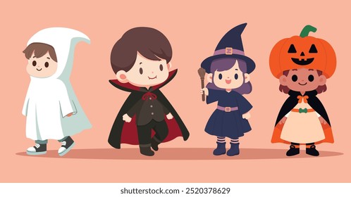 Ilustración de cuatro niños de dibujos animados con disfraces de Halloween sobre un fondo rosa. Los disfraces incluyen fantasmas, vampiros, brujas y calabazas.