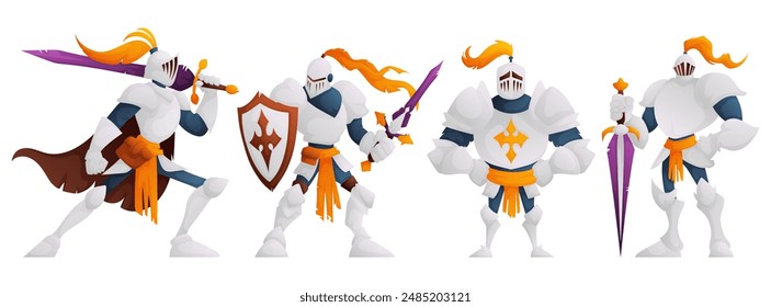 Illustration of four cartoon knights in white armor, equipped with swords and shields, ready for battle.