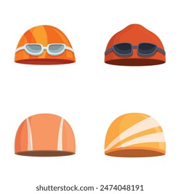 Illustration of four cartoonstyle safety helmets for construction workers in various designs