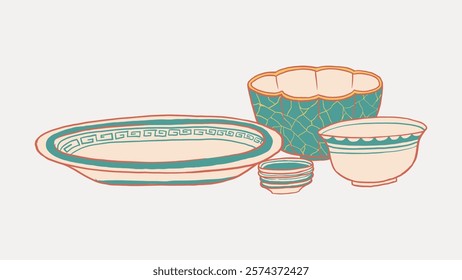 Illustration of four ceramic bowls and plates with intricate patterns. Ceramic bowls and plates in teal and cream. Decorative ceramic tableware set. Vintage illustration isolated on white, vector.