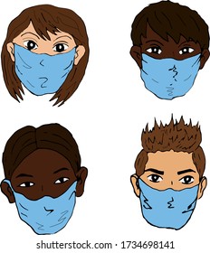 
Illustration of four characters in medical masks. People of different nations in medical masks. African American Medical Masks