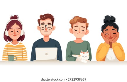 Ilustración de cuatro personajes trabajando a distancia. Adecuado para presentaciones de negocios, artículos sobre freelancing, reclutamiento de TI, blogs y cursos educativos