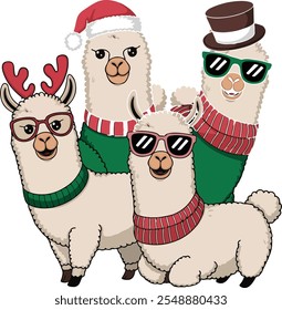 An illustration of four cheerful llamas dressed for Christmas vector art icon