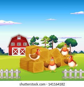 Illustration of the four chickens in the hay with a barn at the back