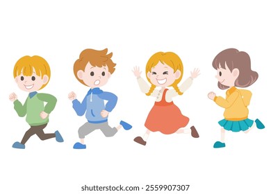 Illustration of four children, boys and girls, running around energetically