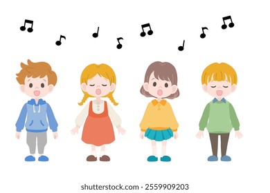 Illustration of four children, boys and girls, facing front, singing a song