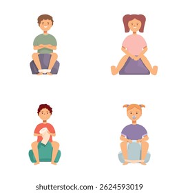 Illustration of four children with different looks sitting calmly on the floor