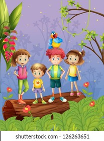 Illustration of four children with one colorful parrot in the forest