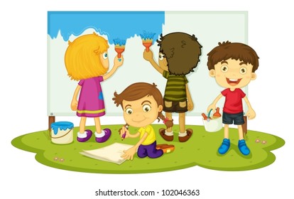 Illustration of four children painting
