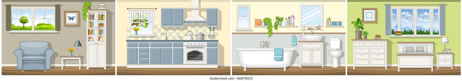Illustration with four classic residential interiors, panorama