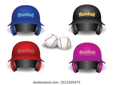 An illustration of four colorful baseball helmets arranged in a square formation with two baseballs placed in the center. The helmets come in vibrant colors: blue, black, red, and pink, each labeled