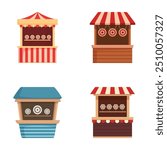 Illustration of four colorful cartoonstyle market stalls on a white background