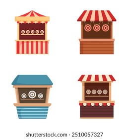 Illustration of four colorful cartoonstyle market stalls on a white background