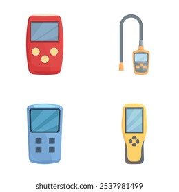 Illustration of four colorful electronic handheld gadgets including a music player and various meters