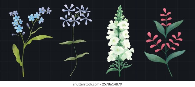 Illustration of four colorful flowers on a dark background. Features blue, purple, white, and pink flowers. Botanical art with vibrant floral designs. Watercolor element vector set.