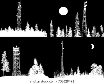illustration with four compositions of antenna tower silhouette in white forest isolated on black background