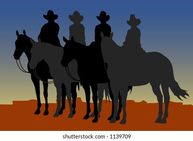 Illustration of four cowboys on horses silhouetted with a blue and brown background