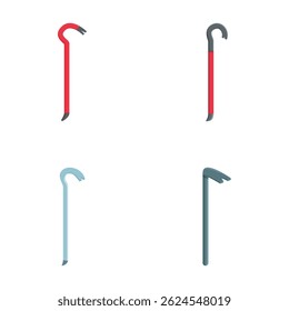 Illustration of four crowbars in red, gray, and black, with different angles, isolated on a white background