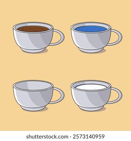 Illustration of four cups, each filled with different contents: coffee, water, milk, and an empty cup.