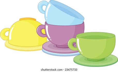 illustration of four cups and saucers
