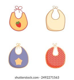 Illustration of four cute baby bib designs with different colors and decorative patterns