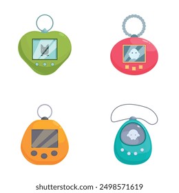 Illustration of four cute, vibrant virtual pet devices from the 90s nostalgia